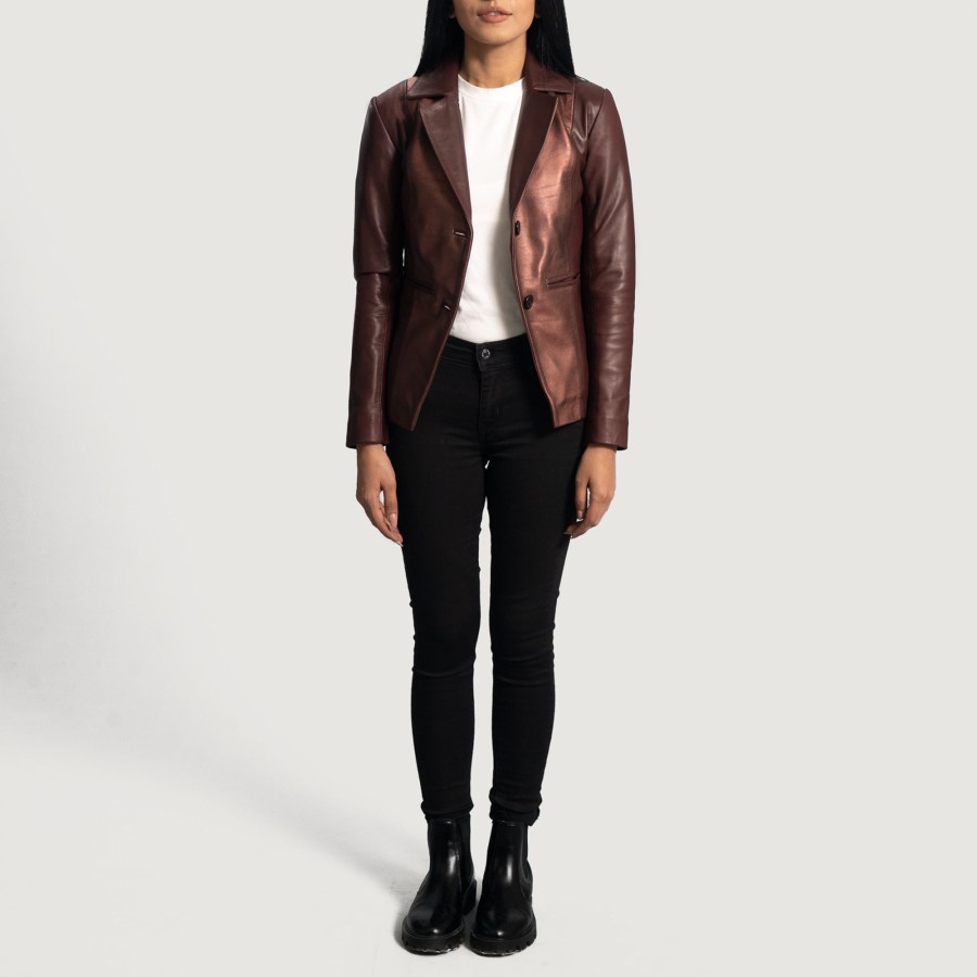 Women TheJacketMaker | Ruby Metallic Maroon Leather Blazer