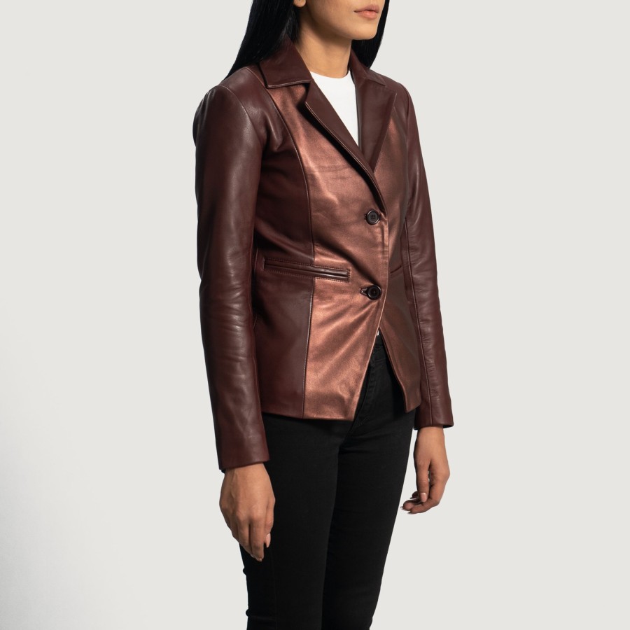 Women TheJacketMaker | Ruby Metallic Maroon Leather Blazer