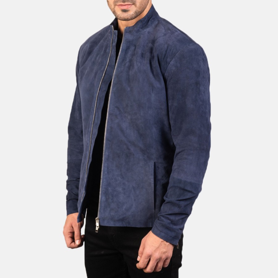 Men TheJacketMaker Gifts For Him | Charcoal Navy Blue Suede Biker Jacket