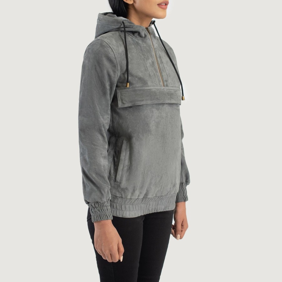 Women TheJacketMaker | Zest Grey Hooded Suede Pullover Jacket