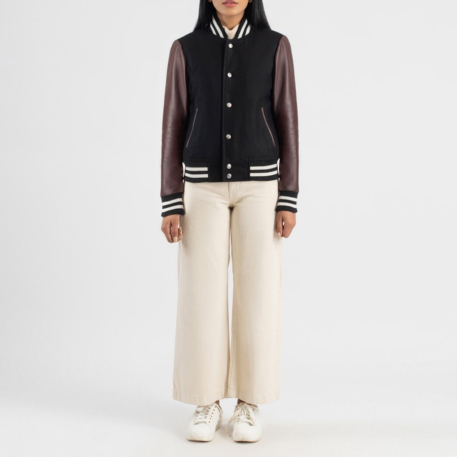 Women TheJacketMaker | Savant Maroon & Black Hybrid Varsity Jacket