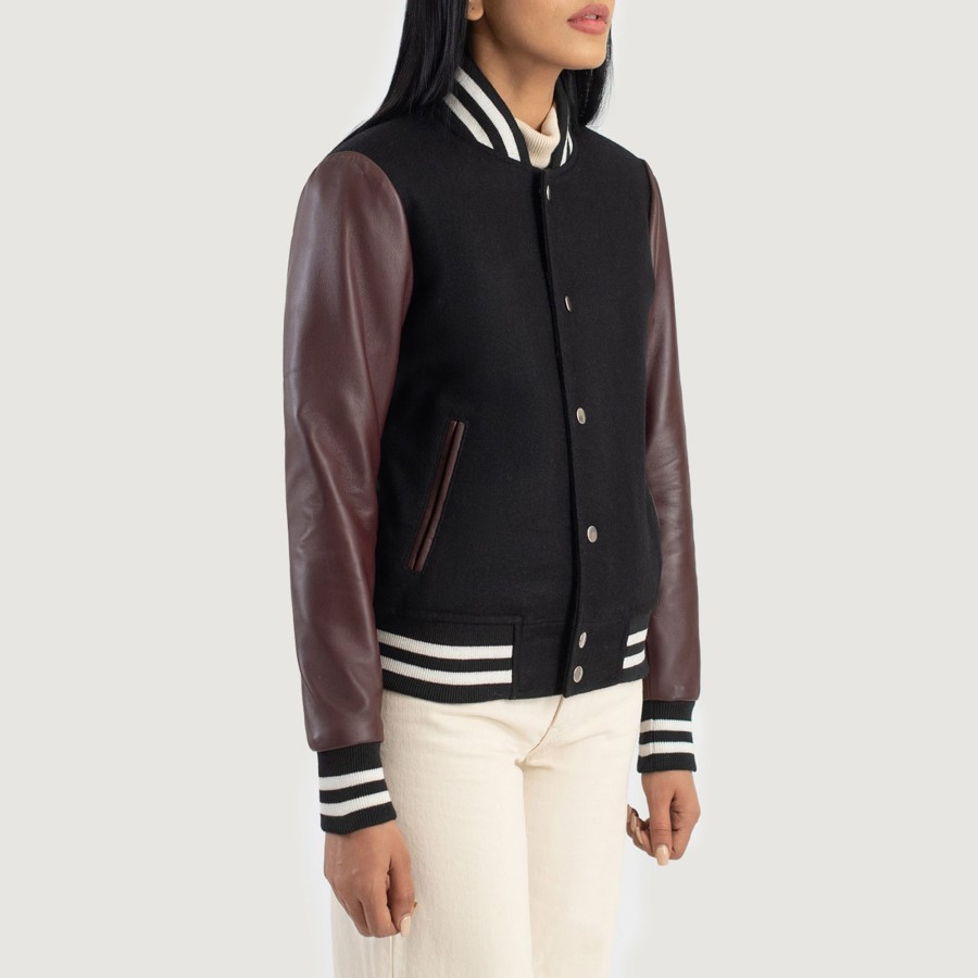 Women TheJacketMaker | Savant Maroon & Black Hybrid Varsity Jacket