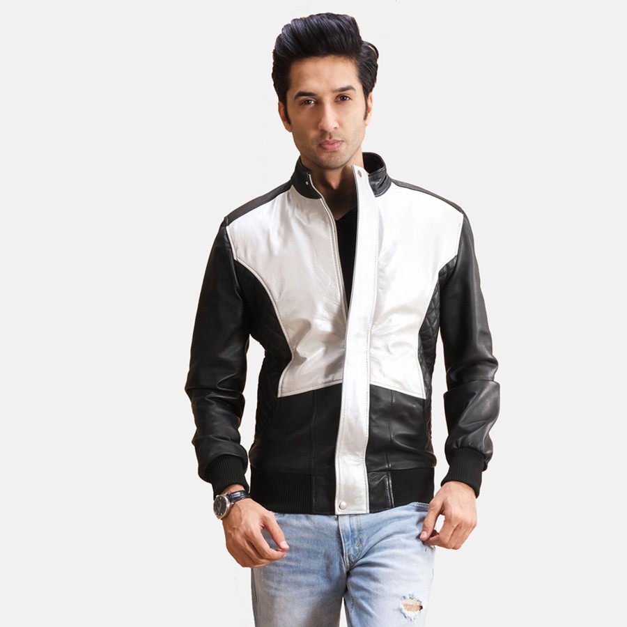 Men TheJacketMaker | Spade Silver Black Leather Bomber Jacket