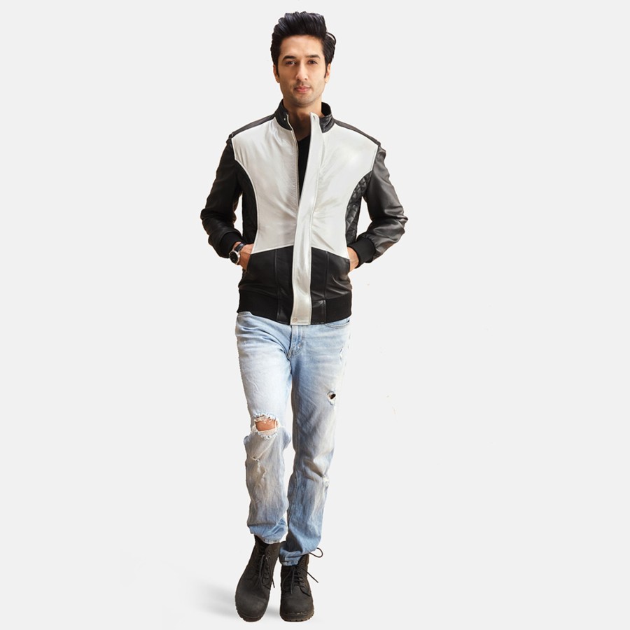 Men TheJacketMaker | Spade Silver Black Leather Bomber Jacket