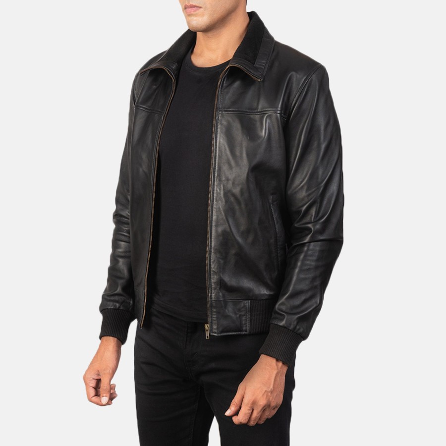 Men TheJacketMaker | Air Rolf Black Leather Bomber Jacket