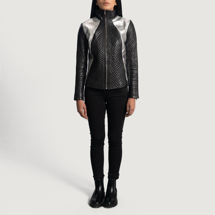 Women TheJacketMaker | Alia Metallic Black Leather Biker Jacket