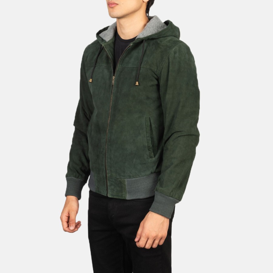 Men TheJacketMaker | Nintenzo Green Hooded Suede Bomber Jacket