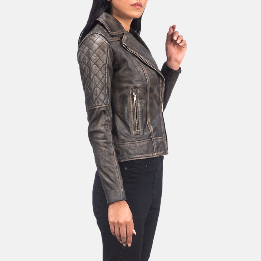 Women TheJacketMaker | Carolyn Quilted Distressed Brown Biker Jacket