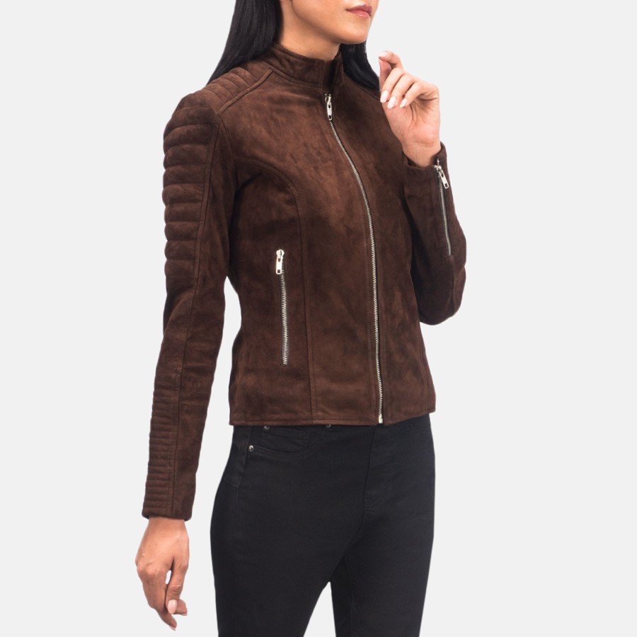 Women TheJacketMaker | Adalyn Quilted Mocha Suede Biker Jacket