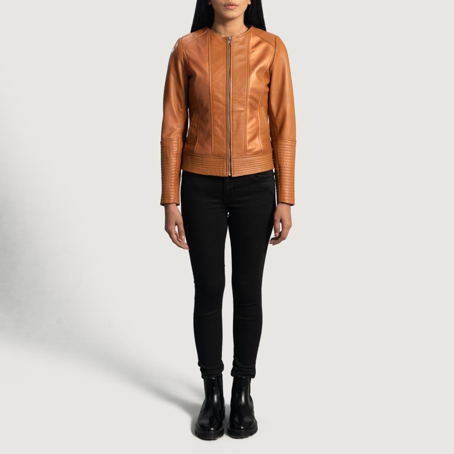 Women TheJacketMaker | Sleeky Clean Tan Leather Biker Jacket