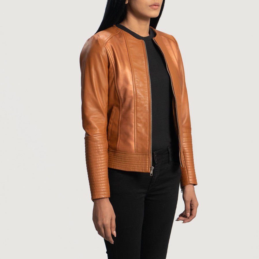 Women TheJacketMaker | Sleeky Clean Tan Leather Biker Jacket