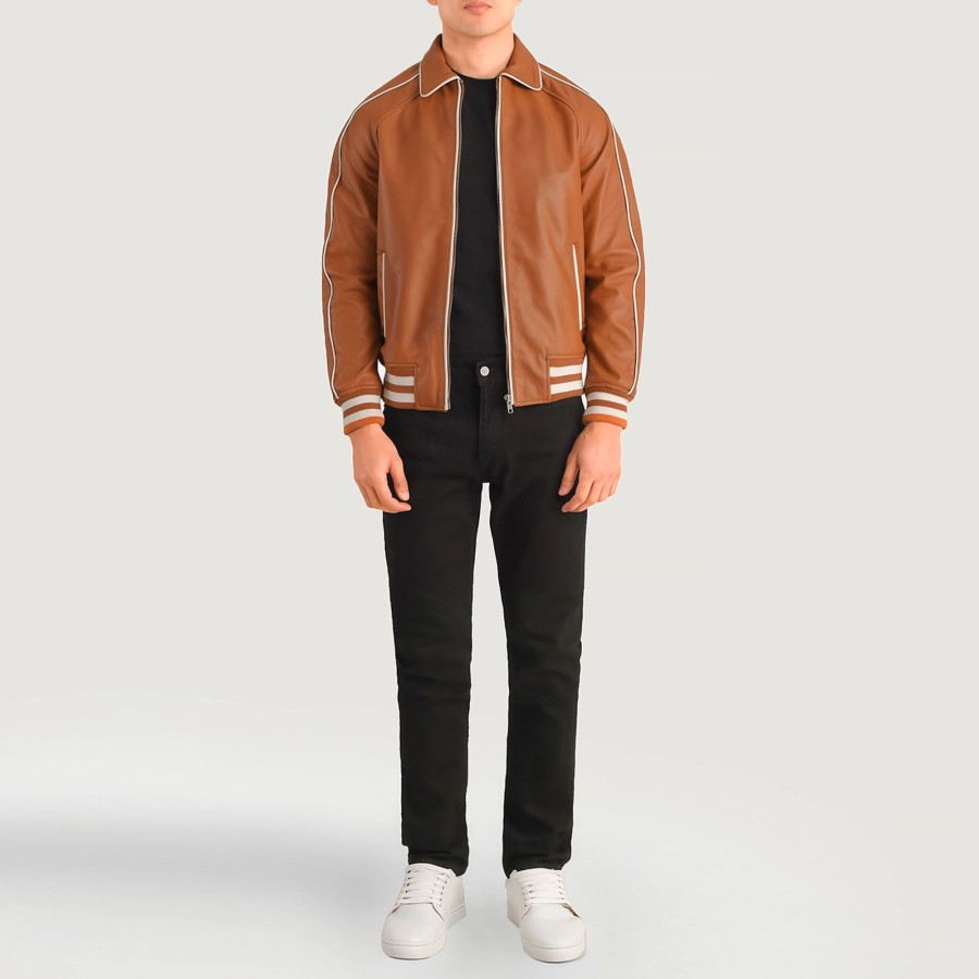 Men TheJacketMaker | Cooper Tan Brown Leather Varsity Jacket