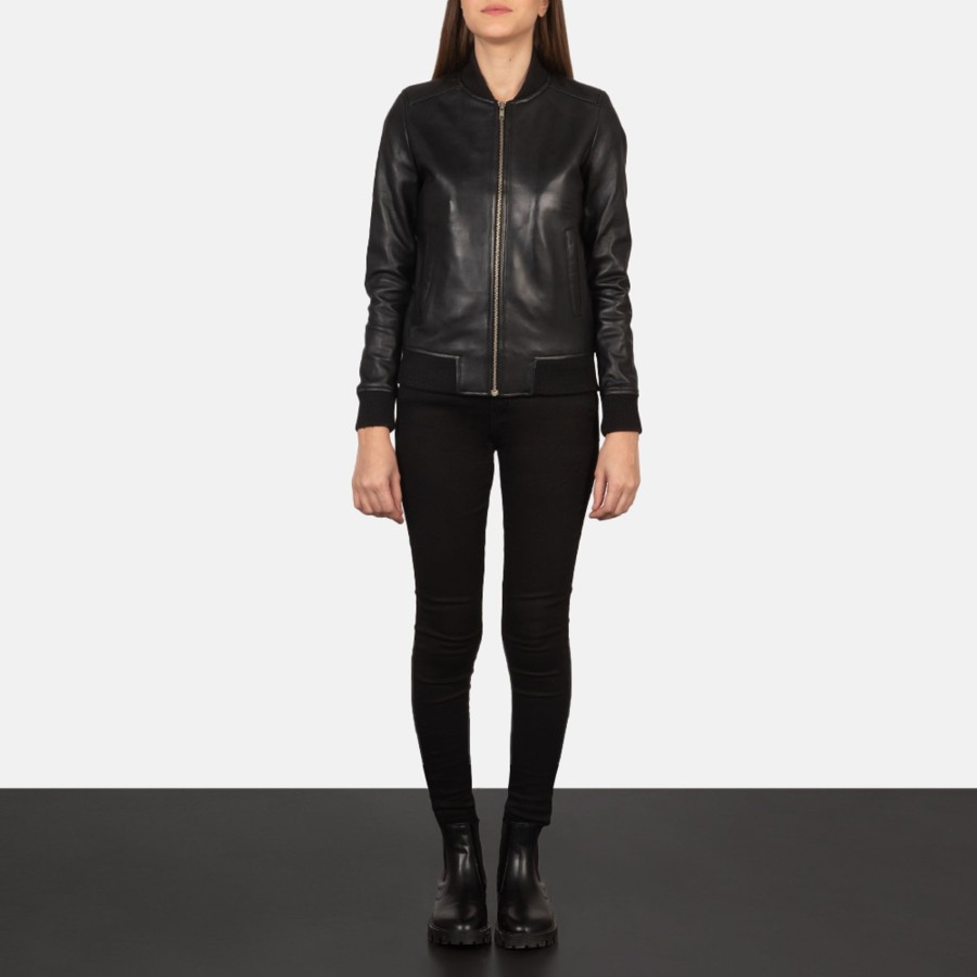 Women TheJacketMaker | Bliss Black Leather Bomber Jacket