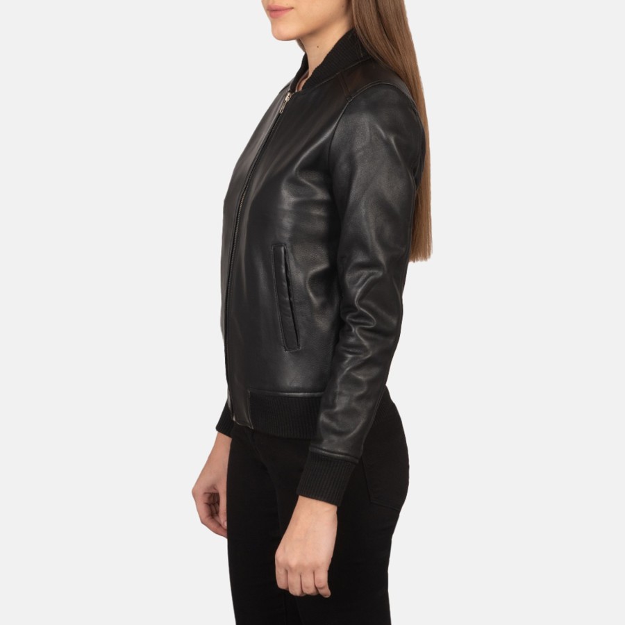 Women TheJacketMaker | Bliss Black Leather Bomber Jacket