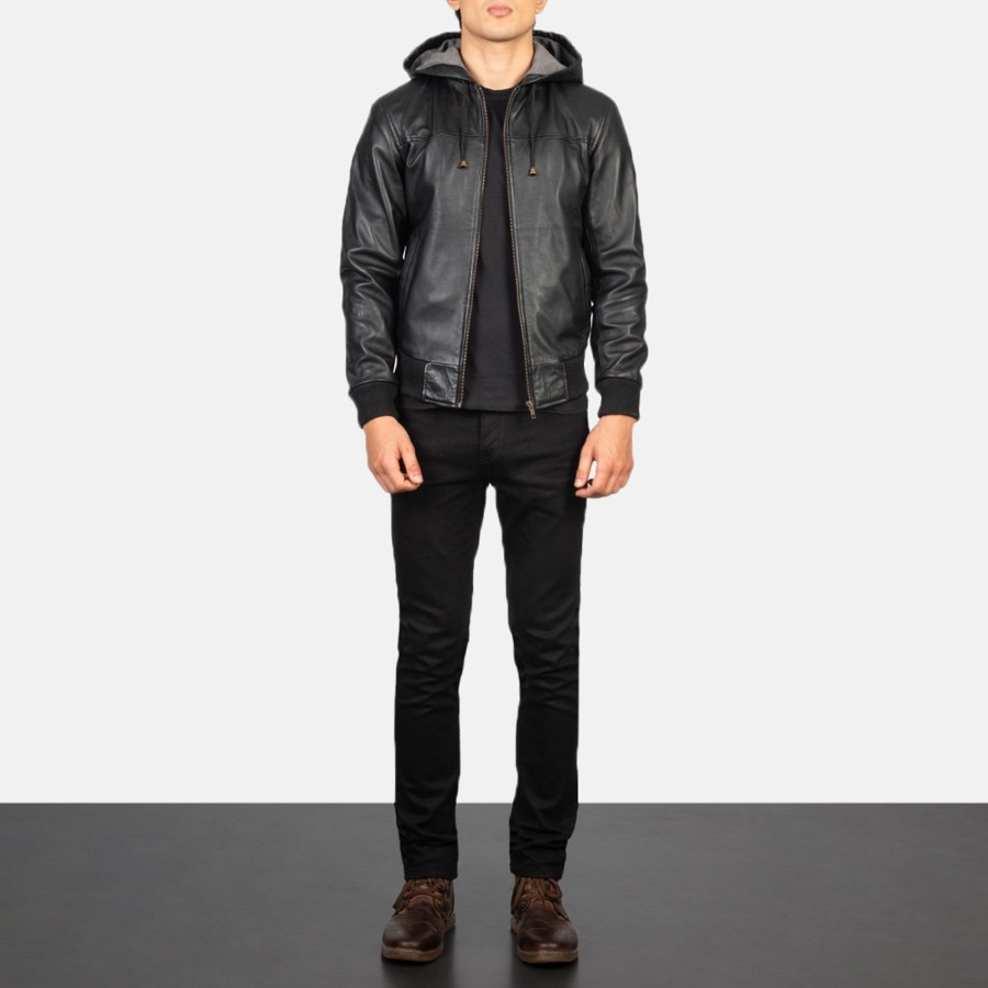 Men TheJacketMaker Gifts For Him | Nintenzo Black Hooded Leather Bomber Jacket