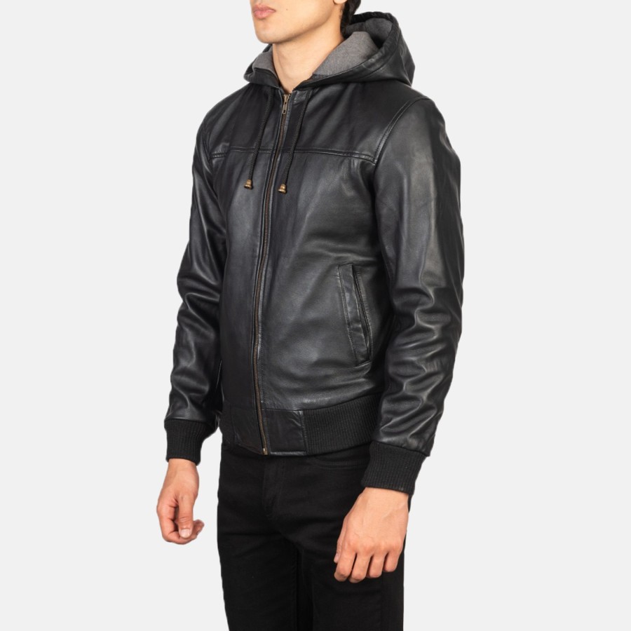 Men TheJacketMaker Gifts For Him | Nintenzo Black Hooded Leather Bomber Jacket