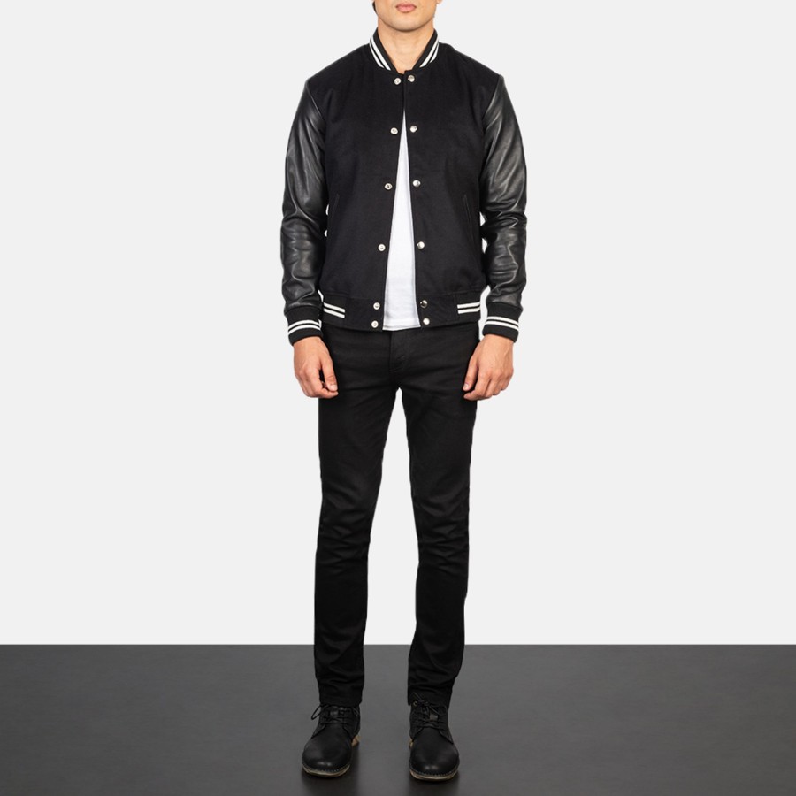 Men TheJacketMaker | Vaxton Black Striped Hybrid Varsity Jacket