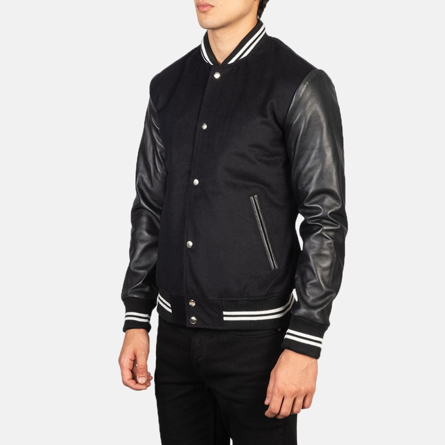 Men TheJacketMaker | Vaxton Black Striped Hybrid Varsity Jacket