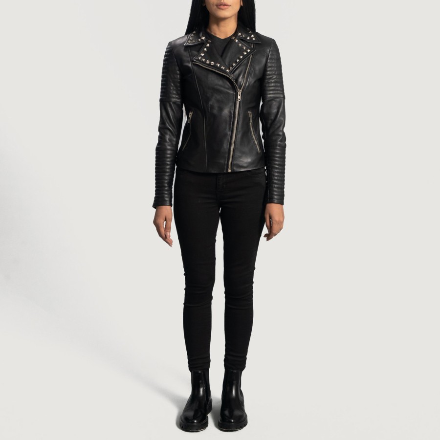 Women TheJacketMaker | Sally Mae Studded Black Leather Biker Jacket