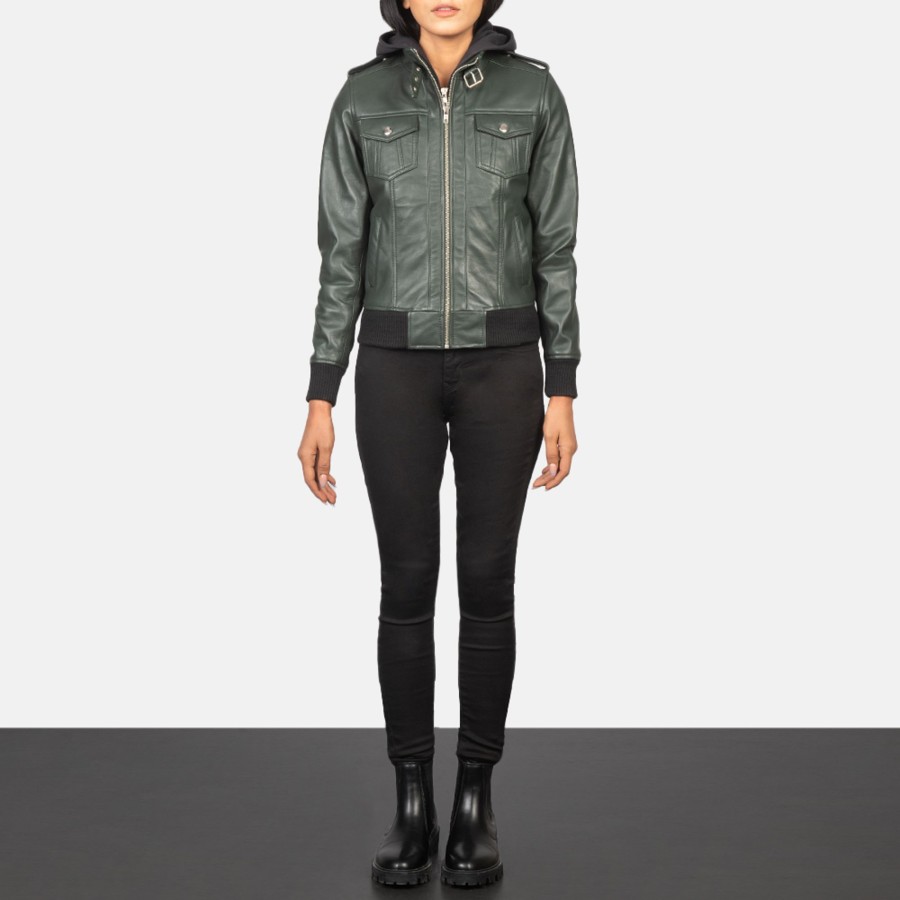 Women TheJacketMaker | Roslyn Green Hooded Leather Bomber Jacket