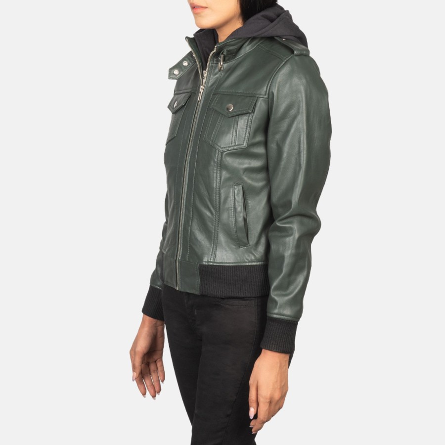 Women TheJacketMaker | Roslyn Green Hooded Leather Bomber Jacket