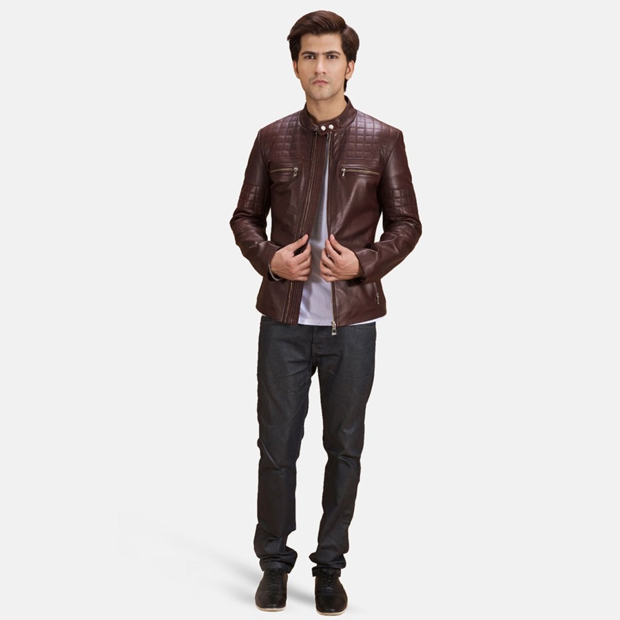 Men TheJacketMaker | Urbane Quilted Maroon Leather Biker Jacket