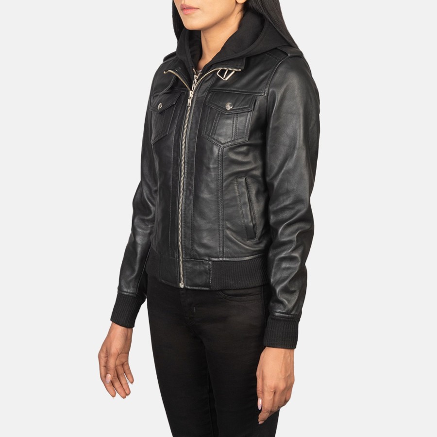 Women TheJacketMaker | Roslyn Black Hooded Leather Bomber Jacket