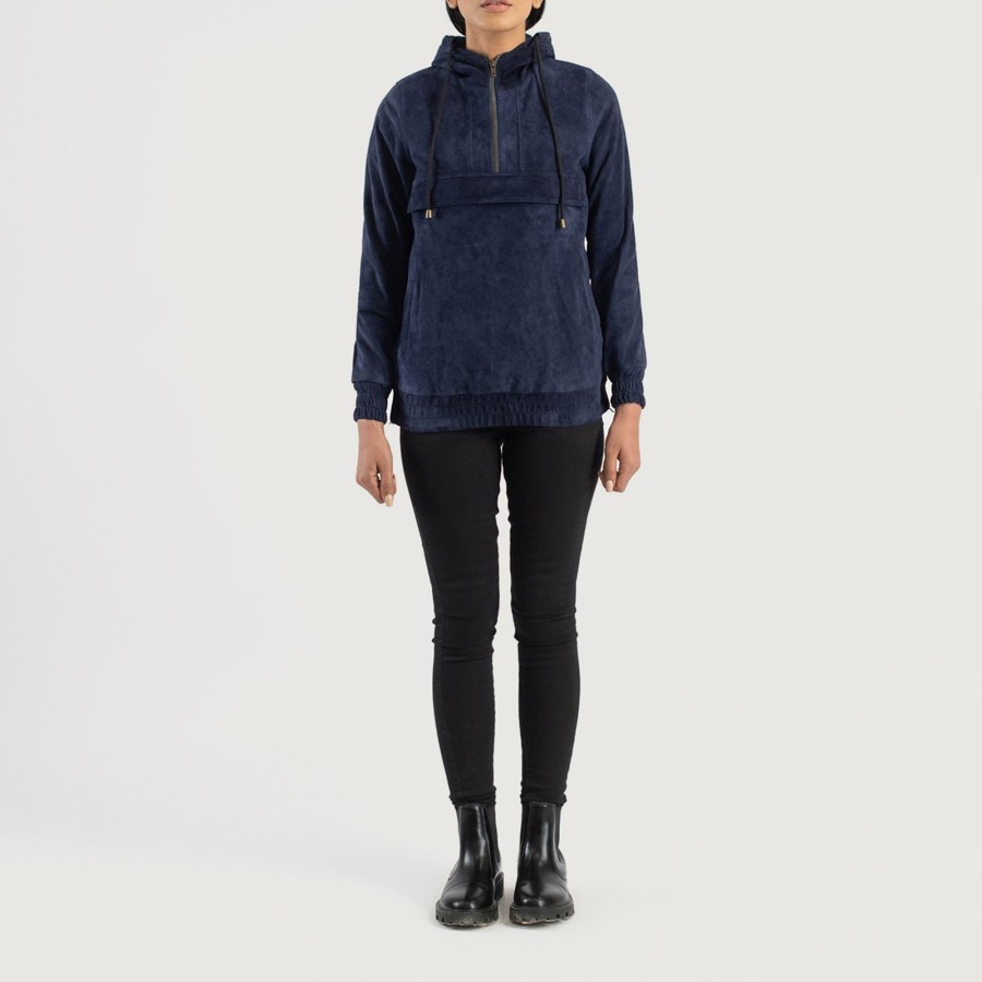 Women TheJacketMaker | Zest Blue Hooded Suede Pullover Jacket