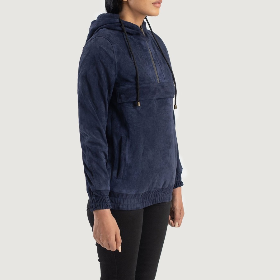 Women TheJacketMaker | Zest Blue Hooded Suede Pullover Jacket