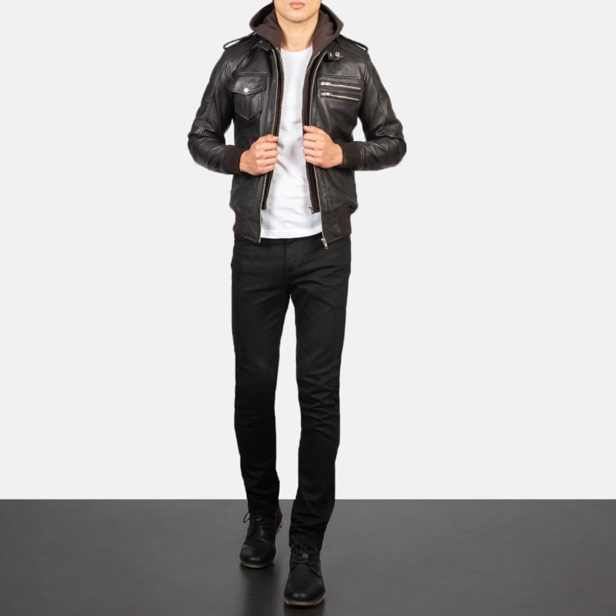 Men TheJacketMaker | Bravado Brown Hooded Leather Bomber Jacket