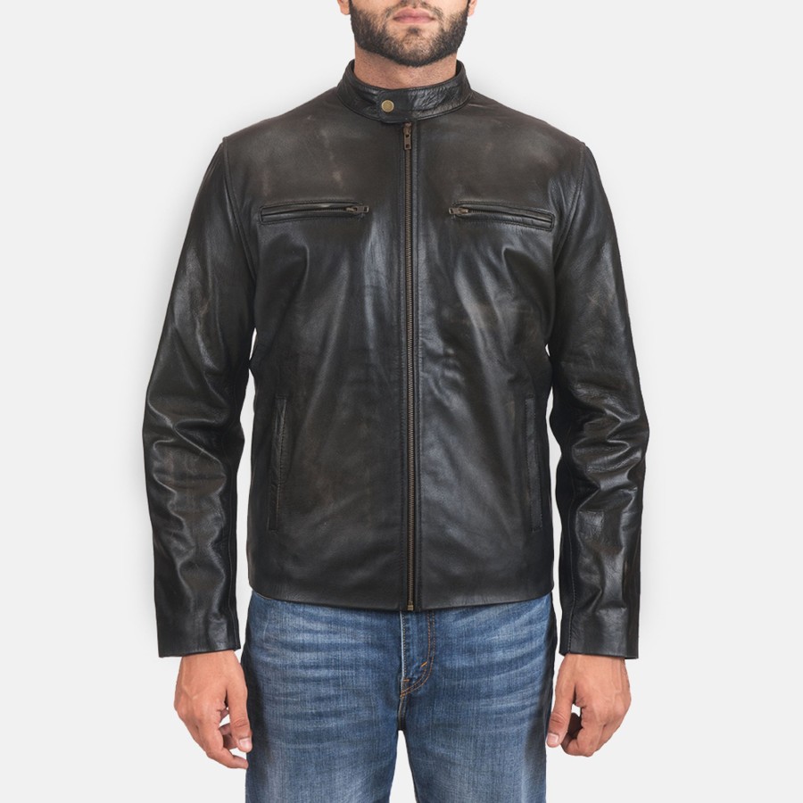 Men TheJacketMaker | Rustic Black Leather Biker Jacket