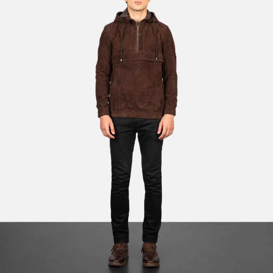 Men TheJacketMaker | Kenton Hooded Mocha Suede Pullover Jacket