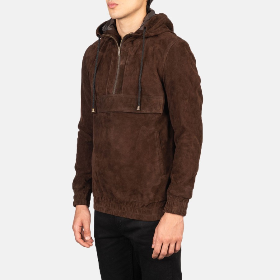 Men TheJacketMaker | Kenton Hooded Mocha Suede Pullover Jacket