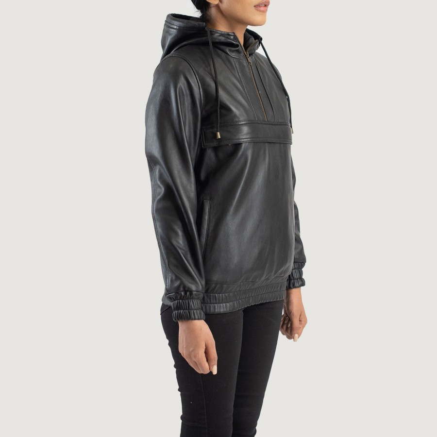 Women TheJacketMaker | Zest Black Hooded Leather Pullover Jacket