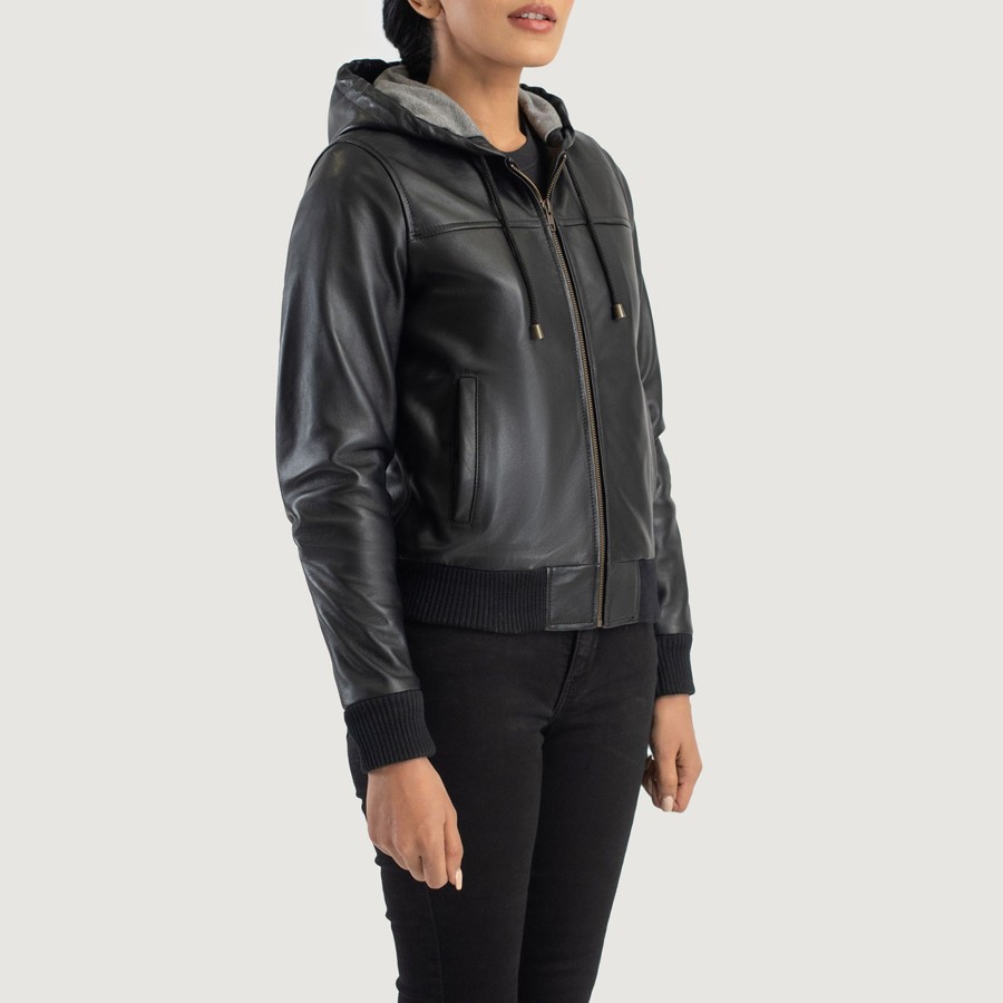 Women TheJacketMaker | Rebella Black Hooded Leather Bomber Jacket