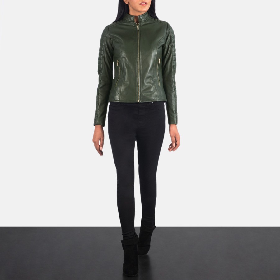 Women TheJacketMaker | Adalyn Quilted Green Leather Biker Jacket