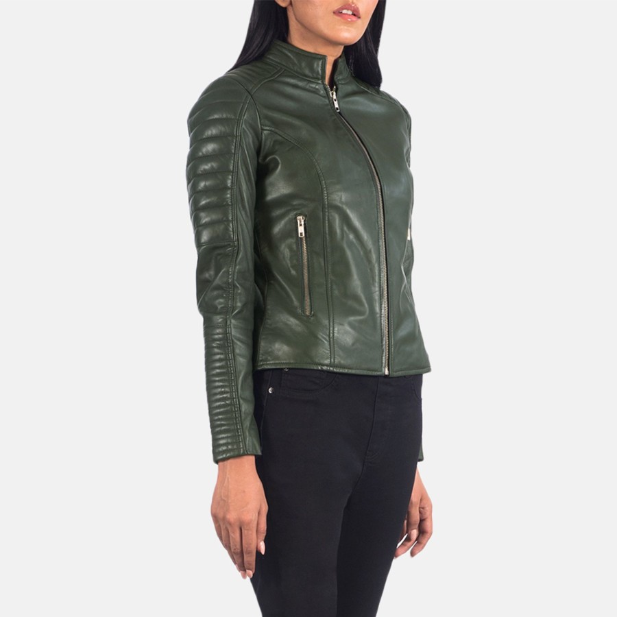 Women TheJacketMaker | Adalyn Quilted Green Leather Biker Jacket