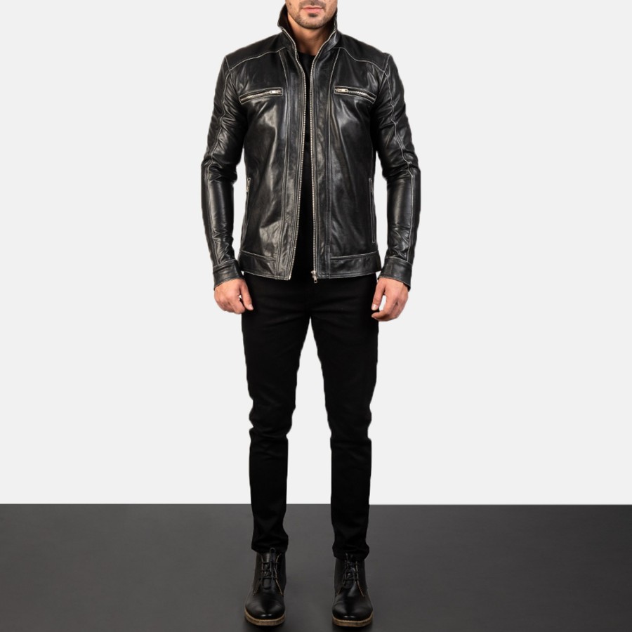 Men TheJacketMaker | Hudson Black Leather Biker Jacket