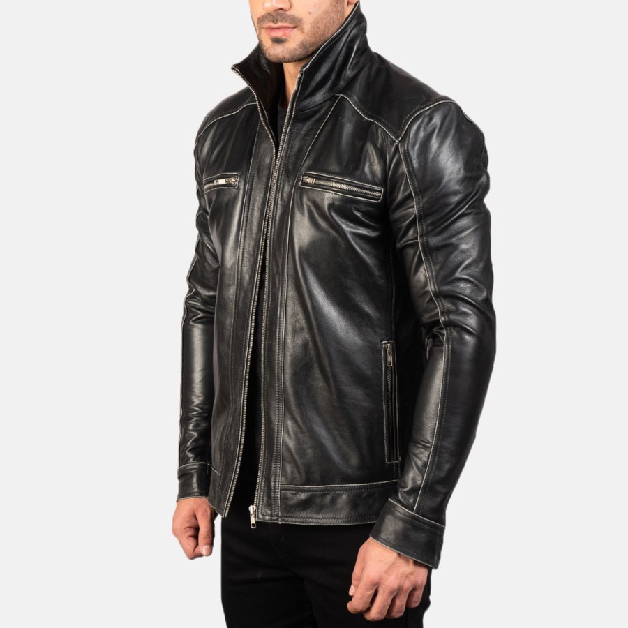 Men TheJacketMaker | Hudson Black Leather Biker Jacket