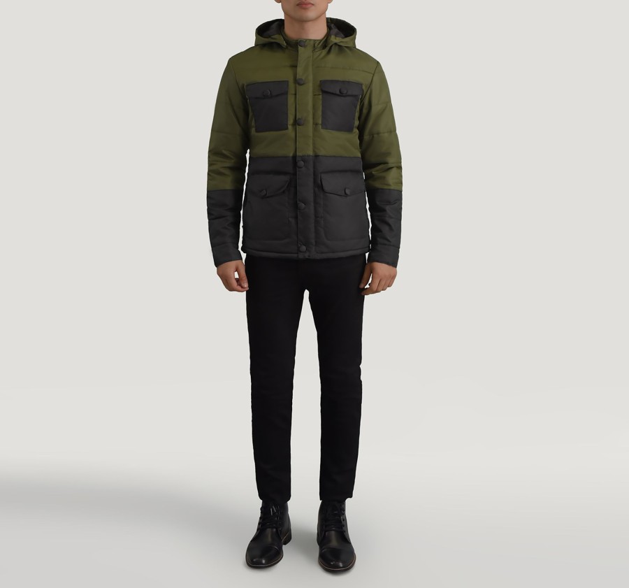 Men TheJacketMaker | Wayne Black & Green Hooded Puffer Jacket