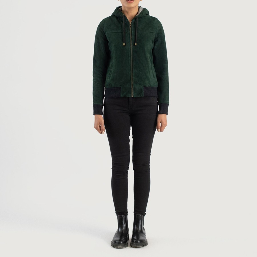 Women TheJacketMaker | Rebella Green Hooded Suede Bomber Jacket