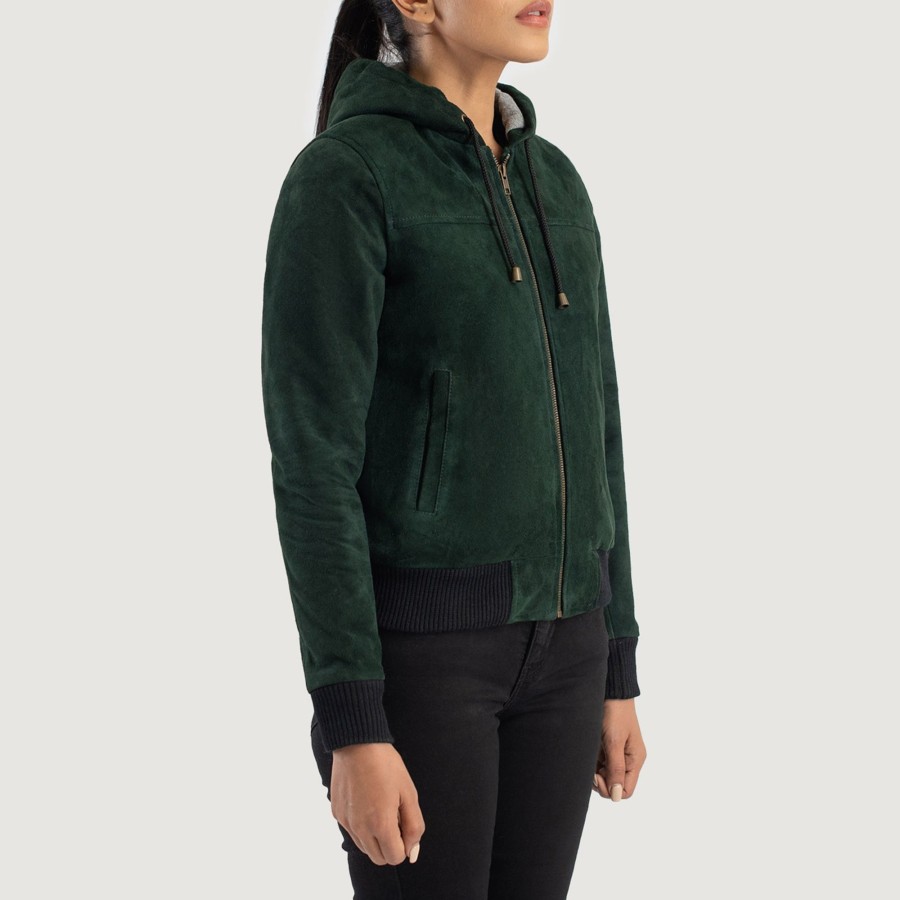 Women TheJacketMaker | Rebella Green Hooded Suede Bomber Jacket