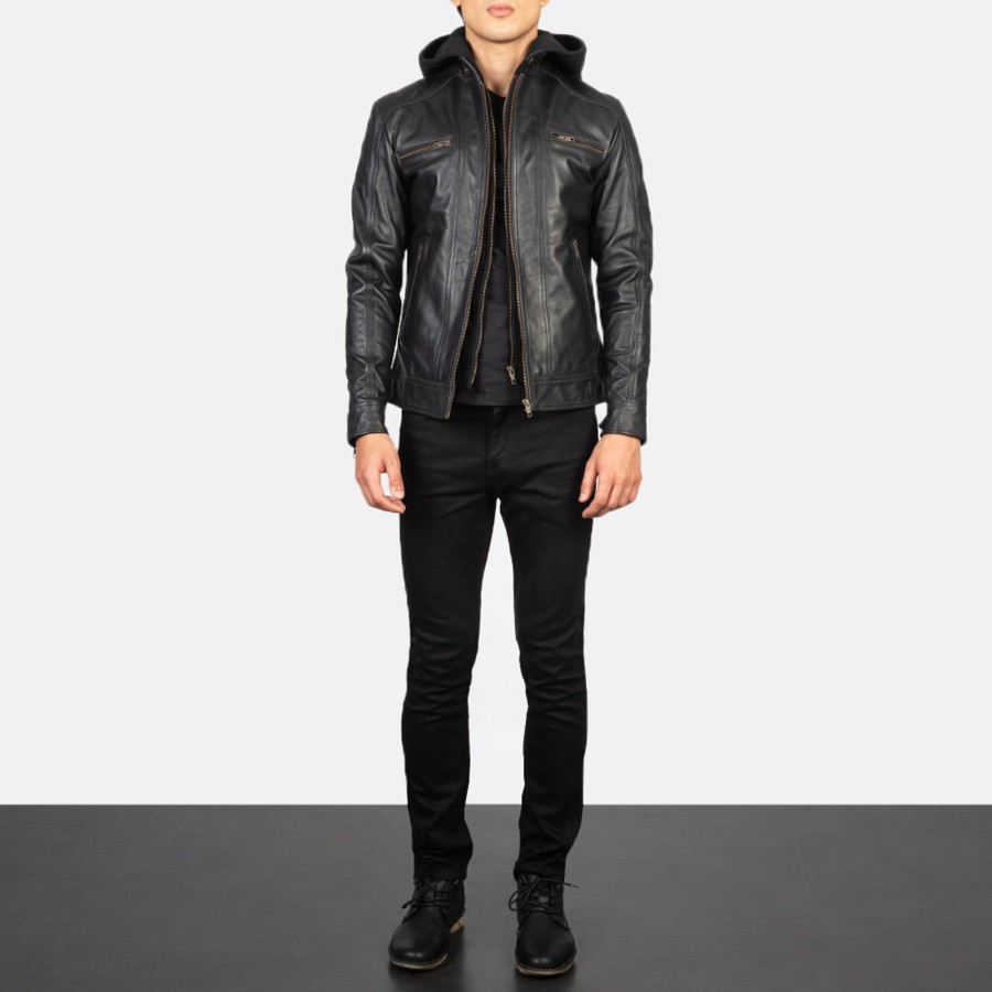 Men TheJacketMaker | Hector Black Hooded Leather Biker Jacket