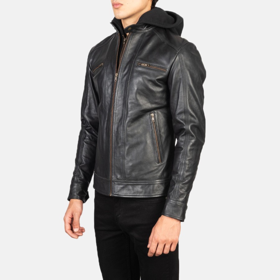 Men TheJacketMaker | Hector Black Hooded Leather Biker Jacket