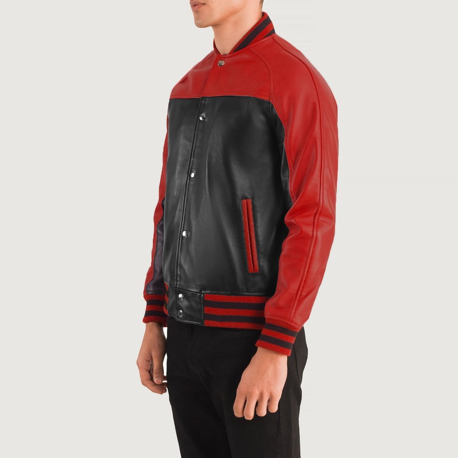 Men TheJacketMaker | Terrance Black & Red Leather Varsity Jacket