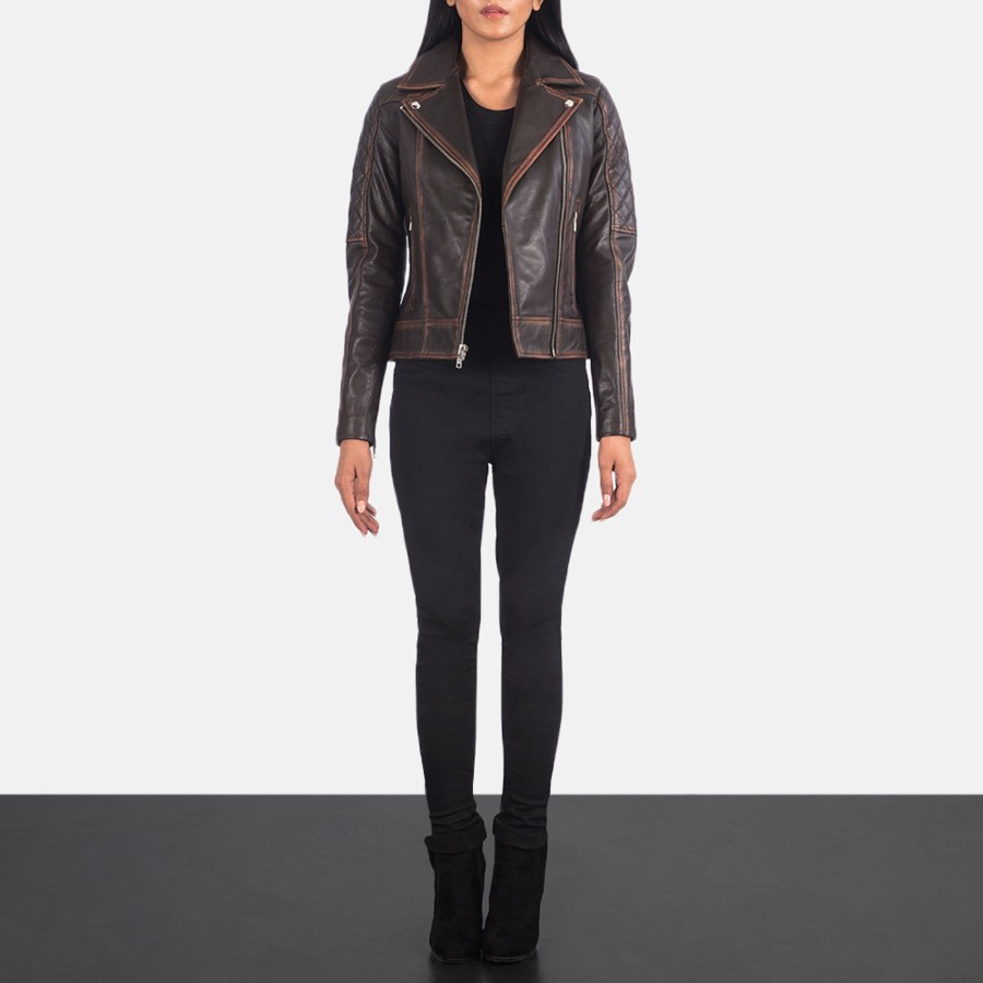 Women TheJacketMaker | Carolyn Quilted Vintage Brown Biker Jacket