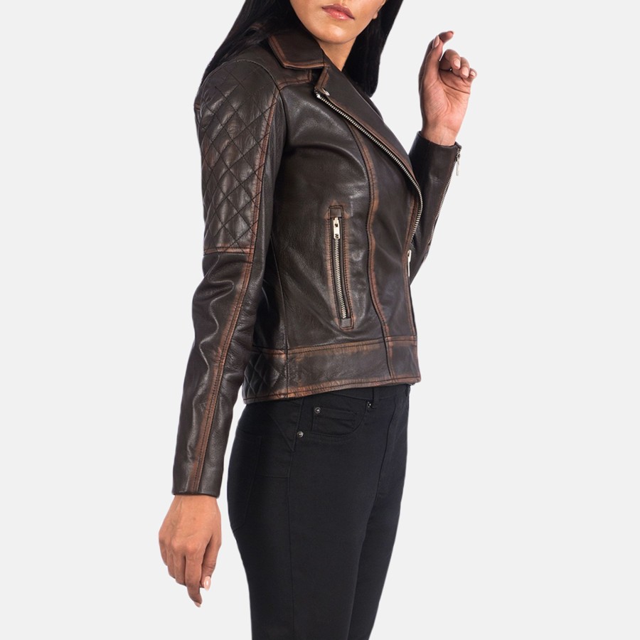 Women TheJacketMaker | Carolyn Quilted Vintage Brown Biker Jacket