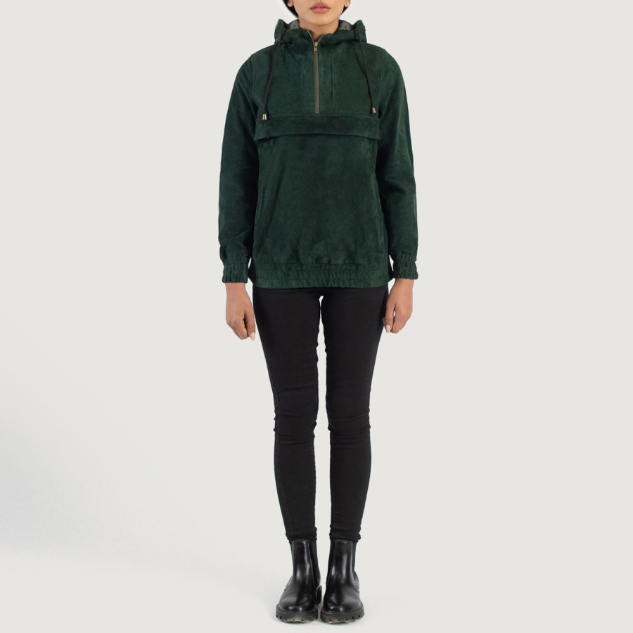 Women TheJacketMaker | Zest Green Hooded Suede Pullover Jacket