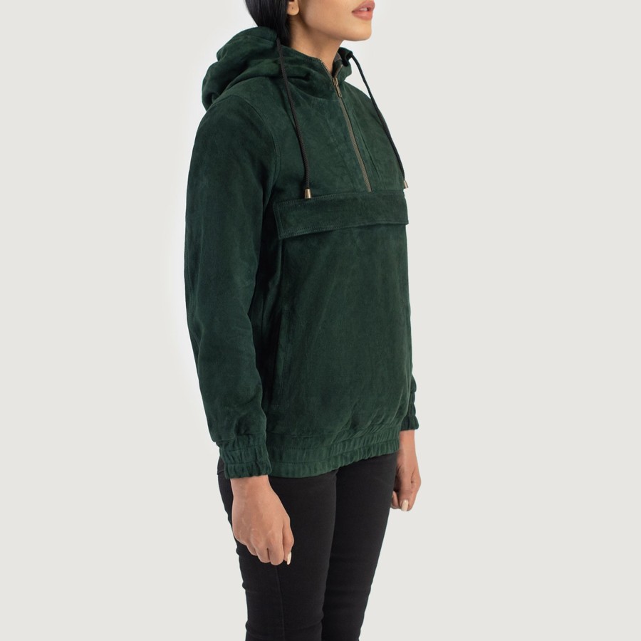 Women TheJacketMaker | Zest Green Hooded Suede Pullover Jacket