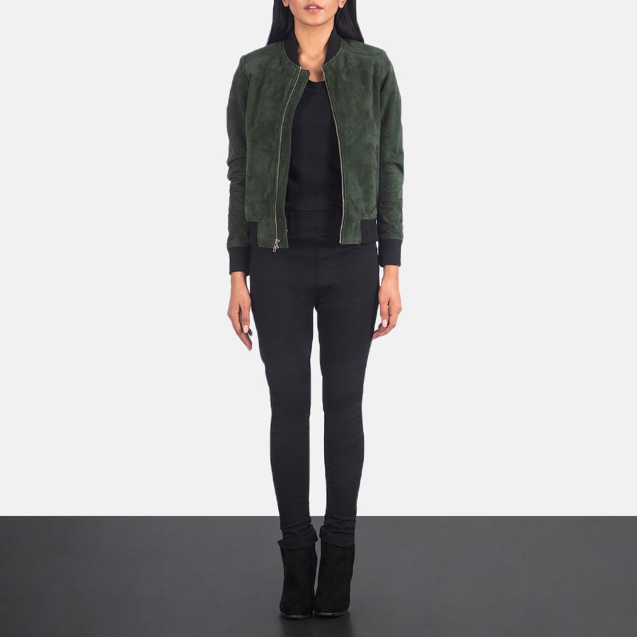 Women TheJacketMaker | Bliss Green Suede Bomber Jacket